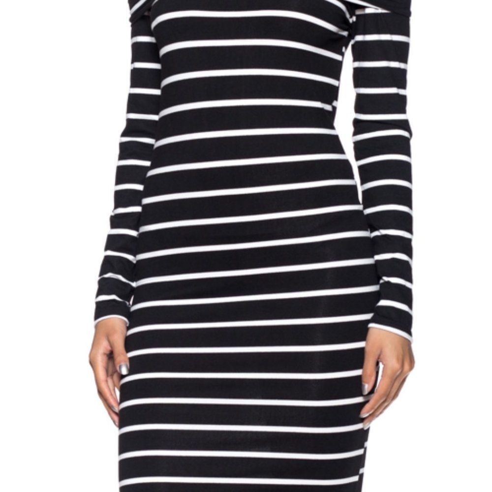 Black & White Striped Long Sleeve Off The Shoulder Dress
